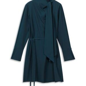 Reiss Teal Long-Sleeve Tie-Neck Dress